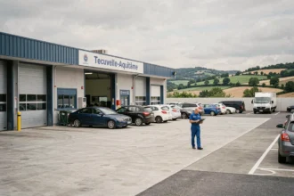 Centre de contrôle technique en Nouvelle-Aquitaine avec des véhicules en attente devant l'installation officielle
