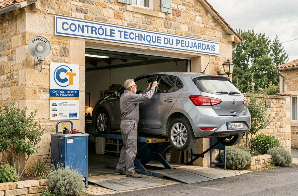 Technicien effectuant un contrôle technique au Peujardais, véhicule sur pont élévateur dans le garage
