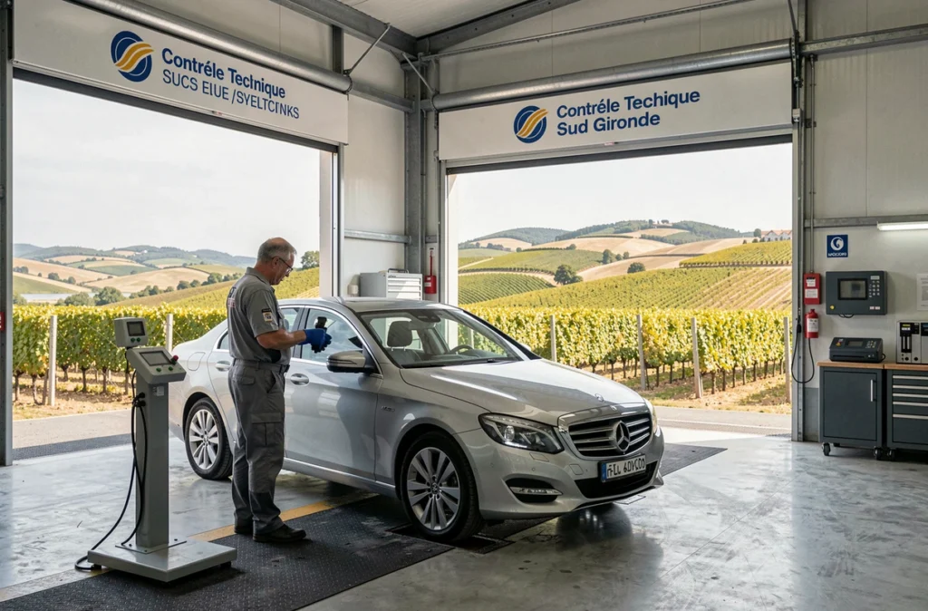 Technicien réalisant un test d'alignement des phares au Contrôle Technique Sud Gironde avec vignobles en arrière-plan