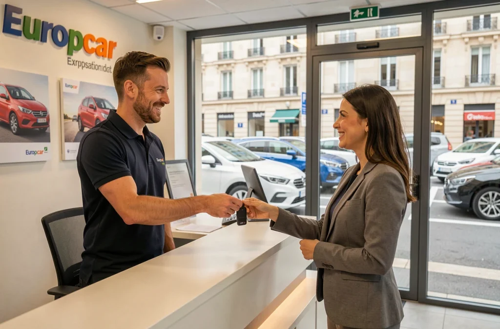 Agent Europcar Normandie remettant les clés d'une voiture de location à une cliente souriante dans une agence moderne