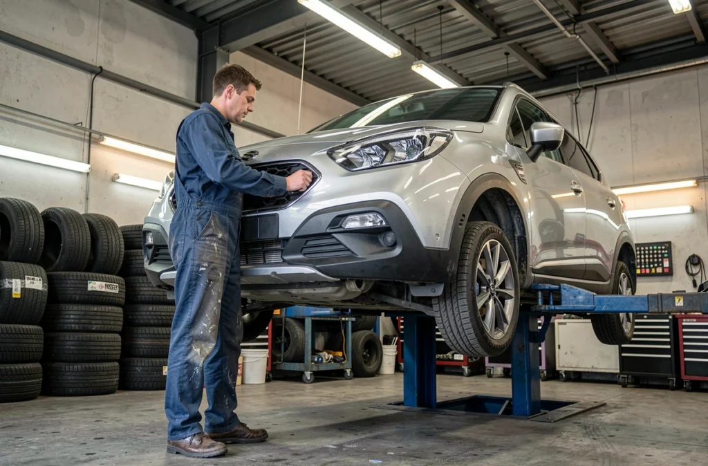 Mécanicien de Fox Automobiles réalisant une inspection complète d'un SUV surélevé sur pont à Rouen