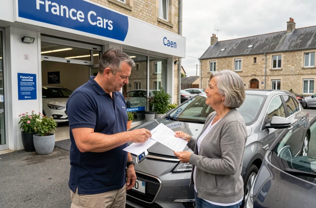 Agent France Cars Caen révisant un contrat de location avec une cliente devant un break familial