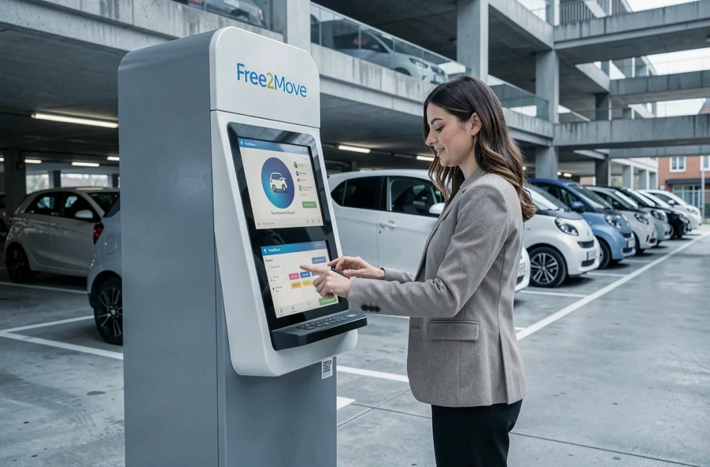 Femme utilisant une borne Free2Move en Normandie pour déverrouiller une voiture électrique de location en libre-service