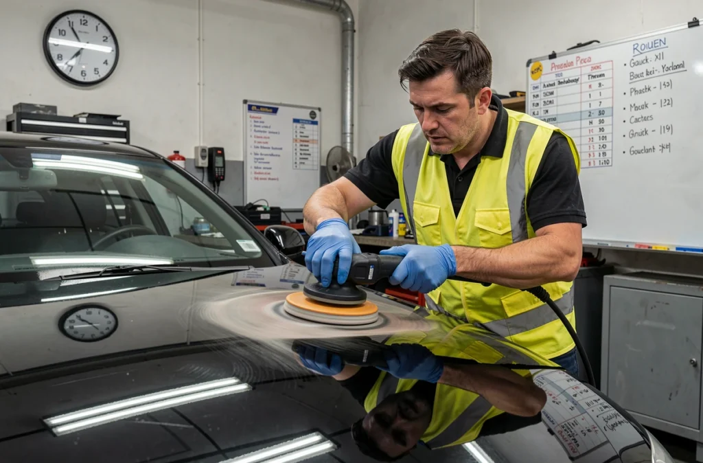 Technicien du Garagiste Rouen Garage effectuant un lustrage rapide sur un capot repeint en noir