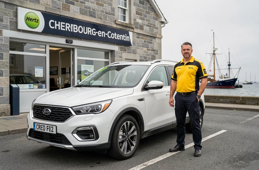 Agent Hertz Cherbourg-en-Cotentin devant un SUV blanc de location près du port normand