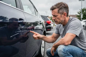 Homme inspectant une rayure sur la carrosserie d'une voiture bleue dans un parking