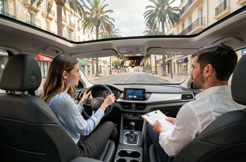 Élève femme au volant lors d'une leçon de conduite avec un moniteur chez Independence Drive à Montpellier