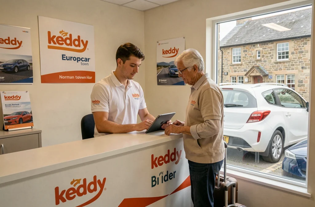 Agent keddy by Europcar Normandie traitant une réservation pour un couple de retraités avec bagages dans une agence économique