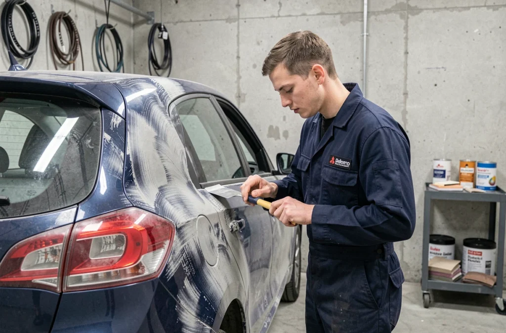 Technicien de KMA Automobiles appliquant du mastic carrosserie sur une portière à Rouxmesnil-Bouteilles