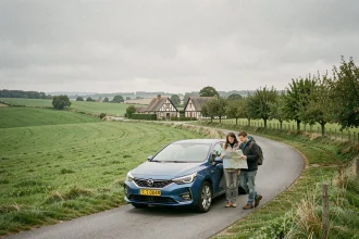 Vue panoramique d'une route de campagne normande avec une voiture de location et des voyageurs consultant une carte