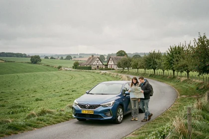 Vue panoramique d'une route de campagne normande avec une voiture de location et des voyageurs consultant une carte
