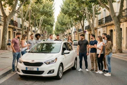 Élèves et moniteurs d'auto-écoles devant un véhicule dual-commandes dans les rues de Montpellier, Hérault