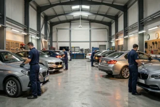 Vue d'ensemble d'un atelier de carrosserie automobile en Seine-Maritime avec plusieurs véhicules en cours de réparation