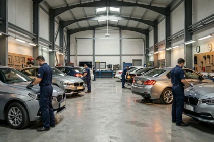 Vue d'ensemble d'un atelier de carrosserie automobile en Seine-Maritime avec plusieurs véhicules en cours de réparation