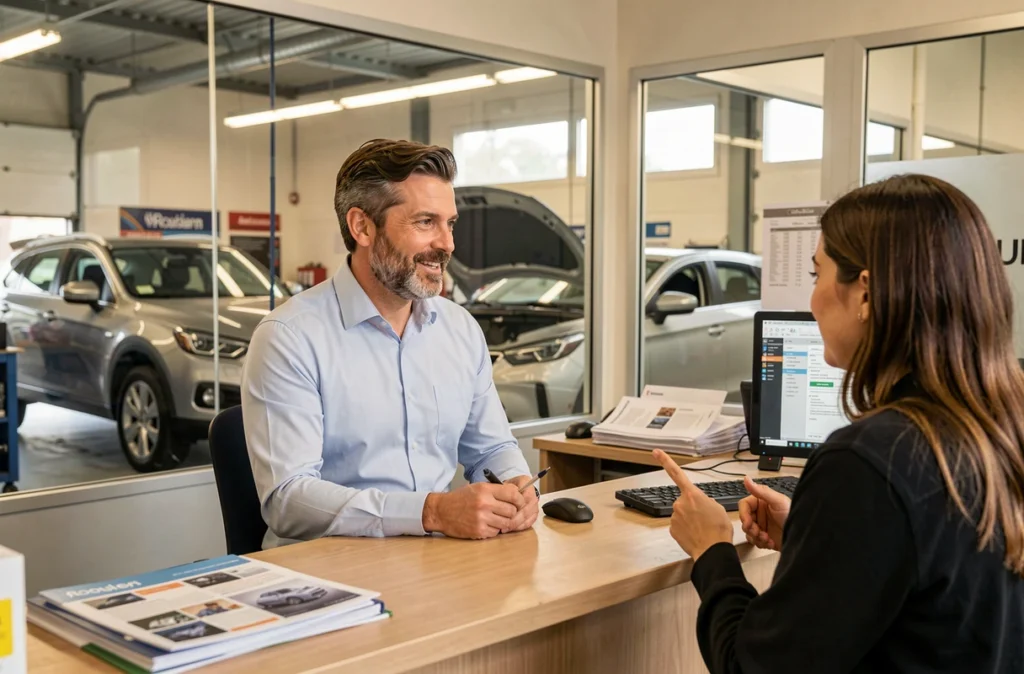 Accueil d'un atelier automobile avec une cliente à Rouen