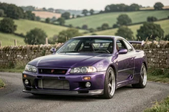 Nissan Skyline GTR R34 violet métallisé garé sur une route de campagne française avec collines verdoyantes en arrière-plan