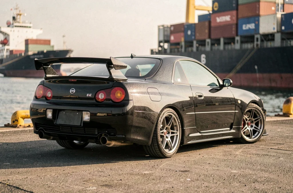 Nissan Skyline GTR R34 noire sur un quai de port français avec conteneurs maritimes en arrière-plan évoquant l'importation depuis le Japon