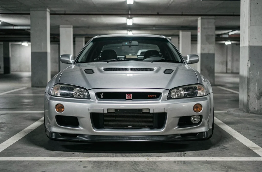 Nissan Skyline GTR R34 argentée vue de face dans un parking souterrain urbain français avec piliers en béton