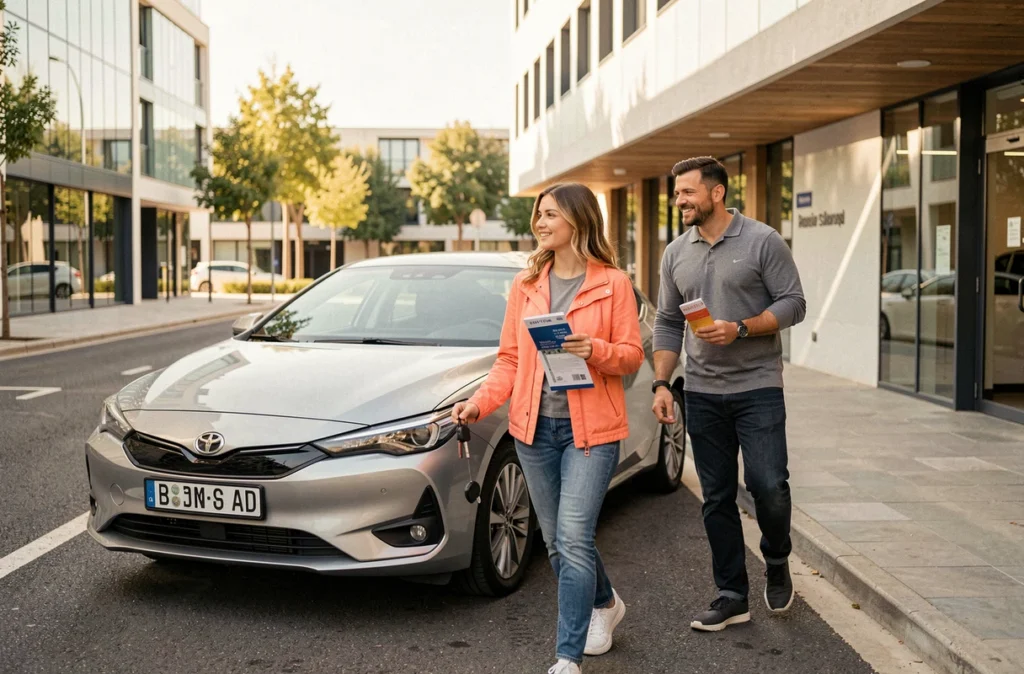 Étudiante se préparant à une leçon de conduite devant les locaux de O'permis Lemasson à Montpellier
