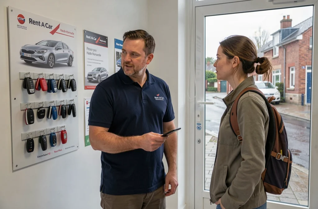 Agent de Rent A Car Haute-Normandie présentant des clés de véhicules disponibles à une voyageuse dans l'agence