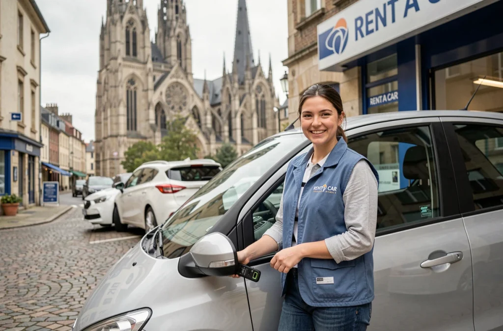 Employée de l'agence Rent A Car Rouen ouvrant une citadine de location avec les flèches de la cathédrale en arrière-plan