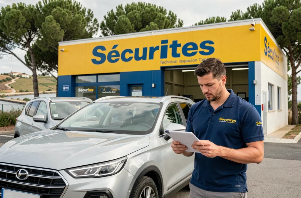 Technicien Sécuritest avec tablette devant un SUV au centre de contrôle automobile d'Andernos-les-Bains