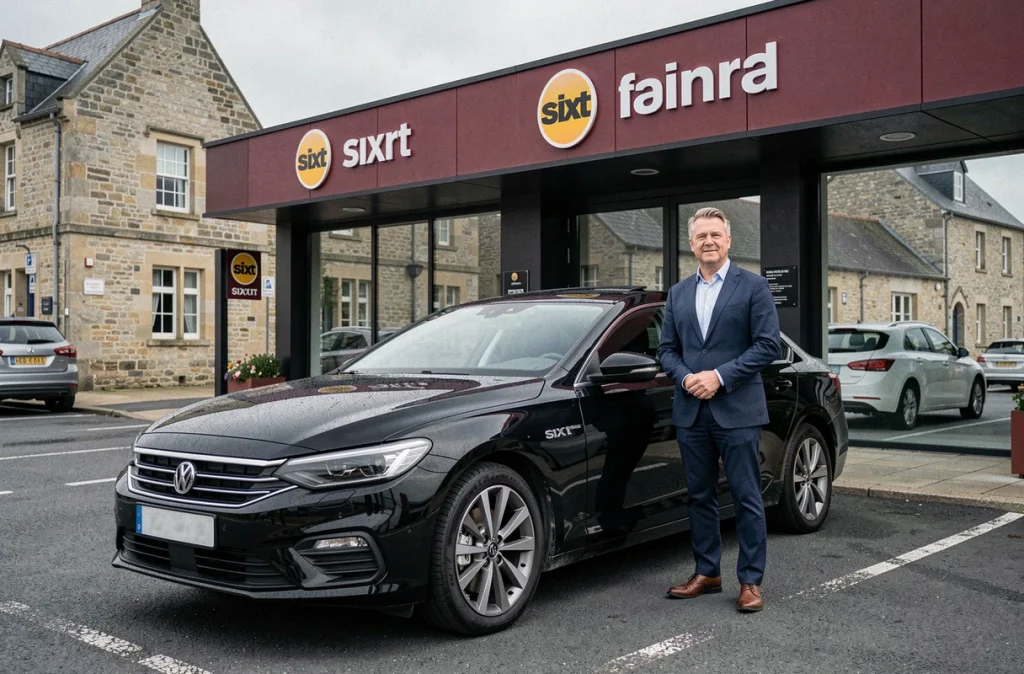 Agence Sixt location de voitures en Normandie avec un agent présentant une berline premium sur le parking