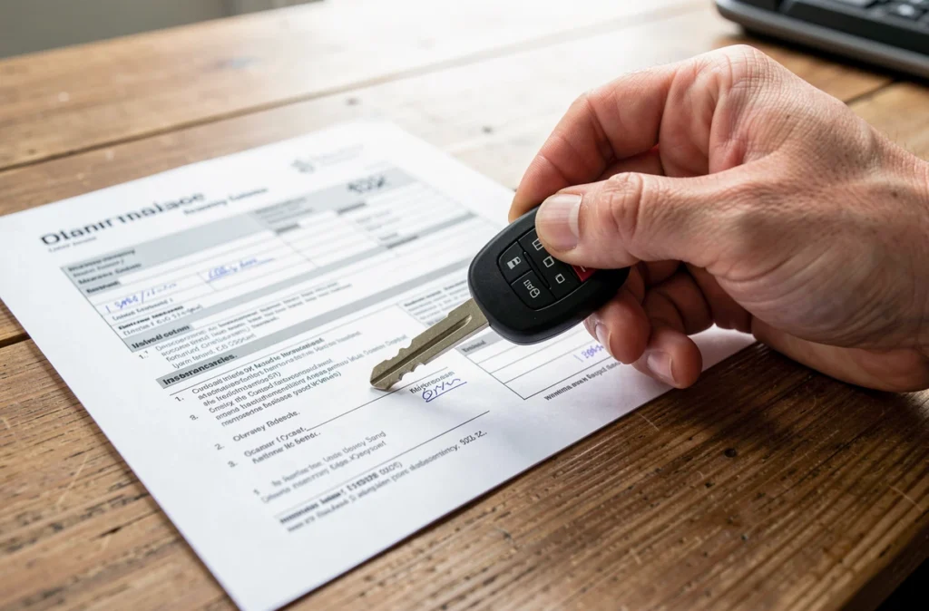 Clé de voiture posée près d'un contrat d'assurance sur une table
