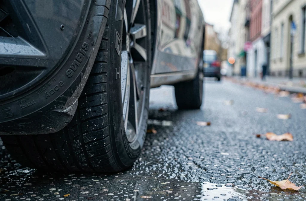 Gros plan sur le pneu avant d'une Seat Ibiza sur route mouillée illustrant l'impact de la pression sur la tenue de route