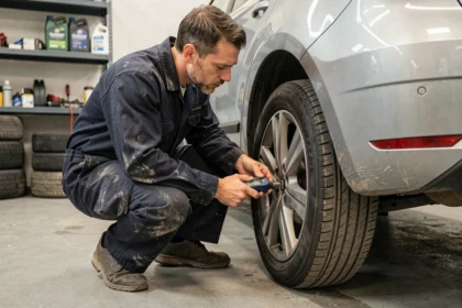 Mécanicien vérifiant la pression des pneus d'une Seat Ibiza avec un manomètre numérique dans un atelier automobile