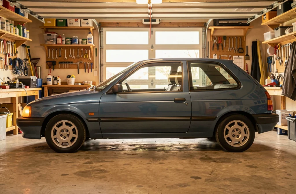 Voiture compacte des années 1990 bien entretenue dans un garage
